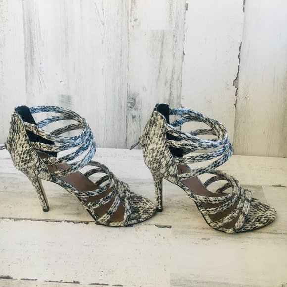NEW RENVY Snake Print Leather Caged Heel Sandals - Picture 8 of 12
